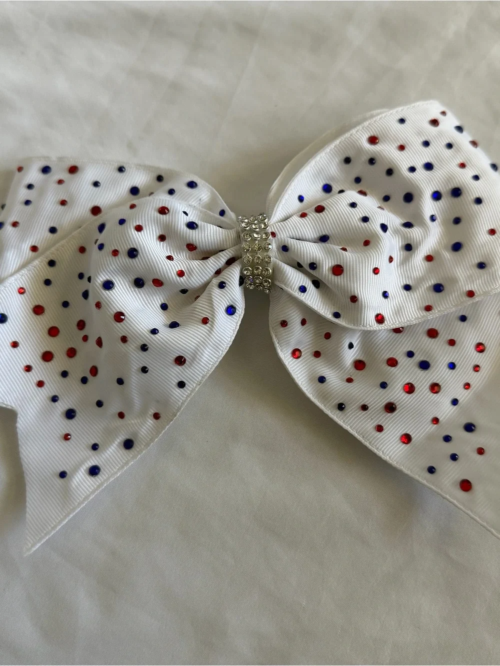 White Kids Hair Bow with Red & Blue Dots and Rhinestone Center